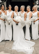 Pandora |Long White Bridesmaid Dress Near Me With Mermaid Lace Cowl Neck - Price #price_variant_lowest# - White - PromDressClub